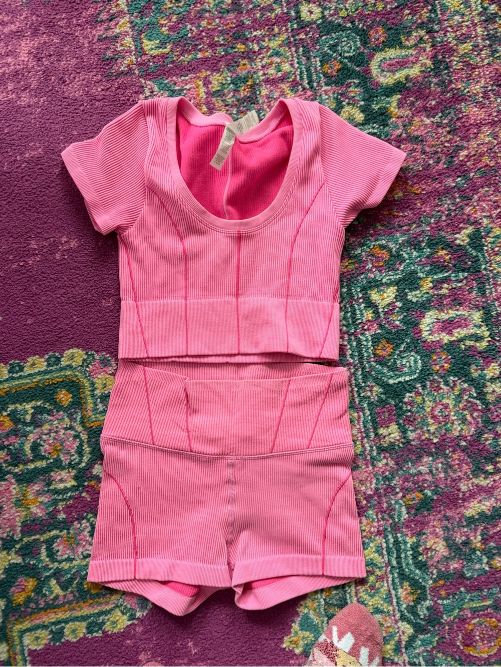 aerie Pink Ribbed Crop Top and High-Waist Shorts Set